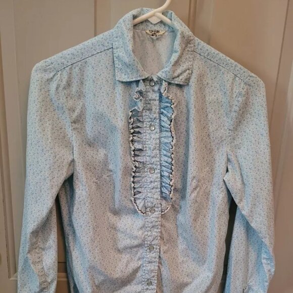 Vintage PRIOR Western Denver Snap Front Blue Floral Ruffled Shirt Bust 36" - Picture 2 of 9